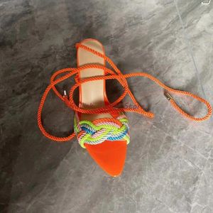 Dress Shoes 2024 Spring Sandals Pointed Toe Opened Colored Loop Tied Lace Up Sexy Summer Party Cosy Bright Women High