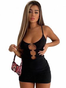 Heart Ring Siyah Dr Kadınlar için One Piece Club Kıyafetleri İçi Boş Out Sexi Night Dr Super Short Spagetti kayışı Vestido de Mujer T5D3#