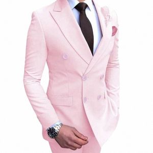 elegant Pink Double Breasted Men's Suit Two-pieces Jacket+Pants Formal Banquet Wedding Slim Fit Male Set U7Mp#