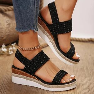 Sandali con zeppa leggeri alla moda per donna Lacci neri puri Scarpe antiscivolo resistenti all'usura Scarpe con plateau con suola morbida Donna 240323