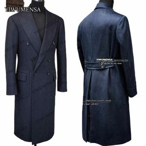 Giacca da uomo formale blu scuro Giacca su misura doppiopetto Cappotto in lana di tweed Trench misto Cappotto Lg Busin Outwear Blazer l4wT #
