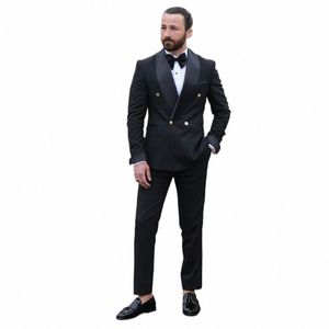 new Arrival Black Mens Suit 2024 Shawl Lapel Double Breast Slim Fit Busin Formal 2 Pieces Suit Blazer Pants Costume Homme p3Ow#