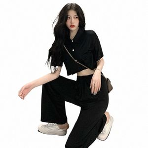 Calças pretas Define Verão Elegante Casual Fi Camisetas Crop Tops Senhoras OL Cintura Alta Calças Retas Baggy All-match Outfit A87d #