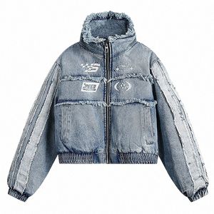 men's Winter Denim Cott Jacket American Vintage Trendy Parka Plush Stand-Up Collar Thickened Short Down Jacket Warm Coat M7AS#