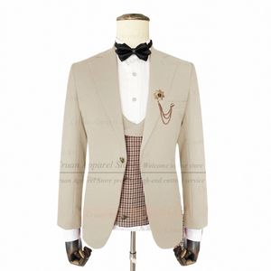 Plaid Suit Set for Men Evening Dinner Formal Blazer Vest Pants 3 sztuki