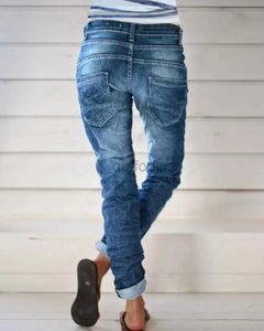 Kvinnors jeans knapp flugficka detalj tvättade jeans chic mode sommar ny stil form-passande casual denim daglig kvinna lång 24328