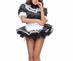 cosplay Lockable Sissy Black Satin Mid Neck Lace Fluffy Puff Mangas Separadas Apr Dr Gothic Maid Costume Halen Costume g7jB #