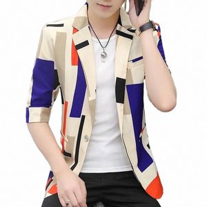 summer Blazers For Men Clothing Slim Mid-Sleeve Color Matching Terno Masculino Korean Fi Butt Suit Jacket H332#