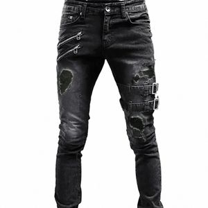 men's Slim Fit Mid-rise Straight Leg Casual Ripped Jeans Trousers With Zipper Pocket Casual Fiable Men's Denim pants 03Kr#