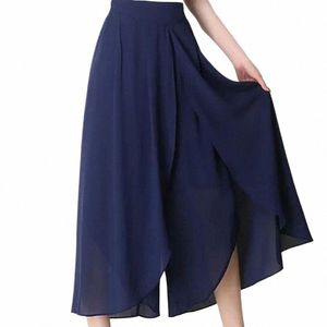 women Skirt Pants See-through Chiff Double Layers Split Hem High Elastic Waist Loose Wide Leg Mid-calf Length Cropped Pants C9ZT#