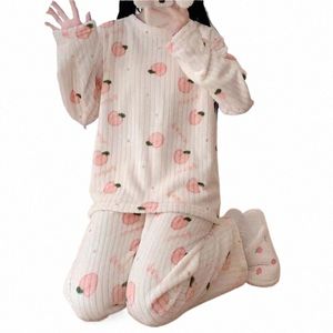 Осень-зима женские милые пижамные комплекты с персиковым принтом пуловеры и брюки теплые комплекты женские утепленные флисовые комплекты из 2 предметов 2023 06WA #