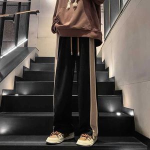 Men's Pants Street Fashion Trendautumn New Solid Stripe Straight Casual Pants Mens Pocket Brushed Loose Edition Sportswear J240328