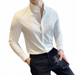 Mens Standing Collar Shirt LG Sleeved 2023 Autumn New Solid Color Casual Slim Fiting White Shirt Korean Fi Men Clothing X1HO#