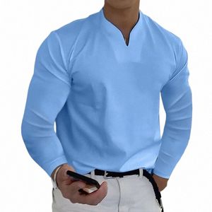 Camisas masculinas de manga LG casual básico cor sólida com decote em V roupas confortáveis ​​tops de trabalho masculinos I9MK #