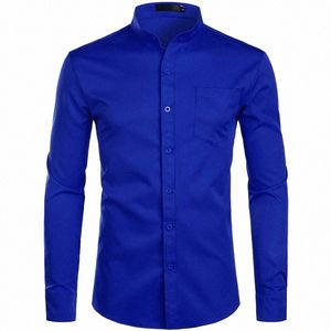 Royal Blue Dr Camisas dos homens 2022 Marca Banded Mandarim Collar Camisa Masculino Lg Manga Casual Butt Down Camisa com Bolso 2XL 87ov #