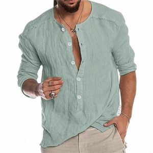 Мужская рубашка на пуговицах, однотонная рубашка с рукавами Lg, весна-лето, льняной топ, блузка Fi, повседневная одежда для бизнеса b2s8 #
