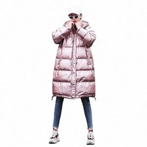 2021 FI Różowy błyszczący wyściełany pucha Parka LG Winter Warm Kurtka Kobiety grube z kapturem Oversizes Lose Catt Coat Kobieta x5iq#