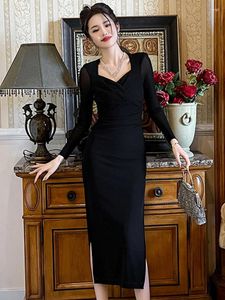 Casual Dresses Fashion Mesh Black Stretchy Long Women Clothes Elegant Sexy Square Collar Skinny Party Prom Dress Robe Mujer Vestido