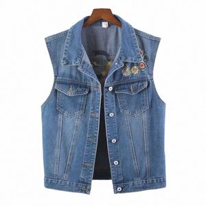 embroidered Crane Summer Denim Vest Women 2024 Streetwear Vintage Waistcoat Slim Sleevel Jeans Vests Oustwear c5SU#