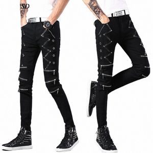 Calças de brim masculinas 2024 fi coreano zíper retalhos motociclista couro streetwear hip hop punk gótico preto calças jeans para homens w2xw #