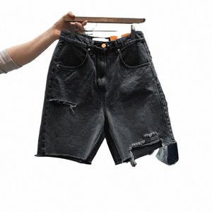m-4xl Holes Women Short Denim Pants 2022 New High Waist Summer Wide Leg Pants Zipper Fly Casual Female Jeans Shorts z09l#