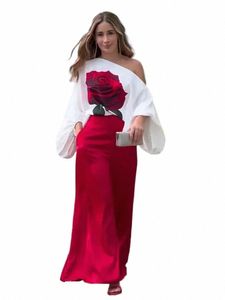 Rose blommor tryckt diagal krage skjorta byxor sätter kvinnors lykta ärm blusa fasta breda benbyxor passar chic streetwear w82n#