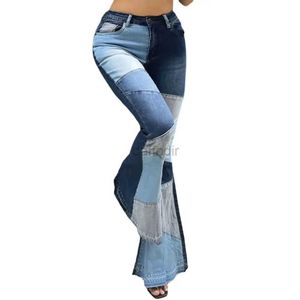 Damen-Jeans, modische Damen-Jeans, hohe Taille, Taschen, Knopfleiste, Farbblock, weites Bein, Denim-Hosen, Streetwear-Hose, Damen, 24328