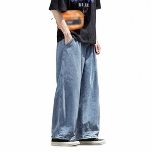 Mens Overdimensionerade denim Pants Classic Solid Color Elastic midja Dubbelficka Jeans Wide Leg Byxor FI Youth Pants Streetwear N0OB#
