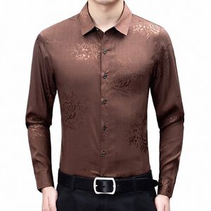 Spring Autumn Mens Silk Fi Printing Lg Silk Silk Dr Shirt Y5pv#