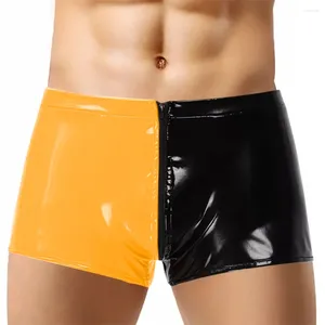 Men's Shorts Shiny PVC Leather Patchwork Boxer Sexy Zipper Open Crotch Protruding Wet Look Male Pants Pole Dancing Costume