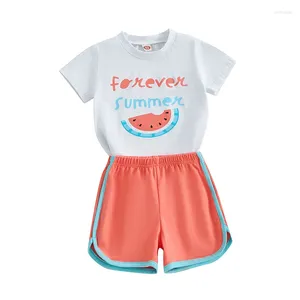 Kläduppsättningar småbarnsflicka sommardräkt bokstaven vattenmelon tryck kort ärm t-shirts toppar och shorts 2st kläder set