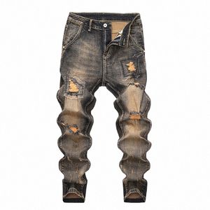 vintage Men's Jeans Casual Ripped Design Slim Pants Spliced Denim Pants Y2k Youth Vibe Retro Trousers High Street Hip Hop D2fb#