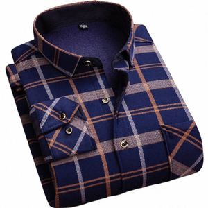 men Warm Lg Sleeved Lapel Plaid Flannel Shirt Jacket Cott Padded Fleece Lined Butt Down Middle-aged Elderly Men's Shirt 44Z4#