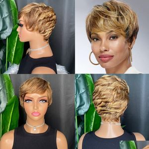 Lace Wigs Natural Black 100% Remy Virgin Human Hair Pixie Cut Short Wig Peruvian Indian Malaysian Drop Delivery Products Dhs1A