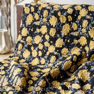 Fabric Black Gold Silk Flower Embossed Bubble Yarn Dyed Jacquard Fabric for Women's Dress Luggage Diy Sewing Fabric 50cmx135cm