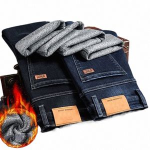 Vinter nya mäns tjocka fleece -linje varma byxor klassisk stil busin casual jeans regelbundet passar elasticitet denim byxor male q94x#