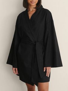 Startseite Kleidung Marthaqiqi Lose Damen-Bademantel, sexy V-Ausschnitt, Nachtwäsche, langärmelige Nachthemden, Schnür-Robe, Minikleid, Baumwolle, weibliche Nachtwäsche