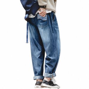 Maden Men Loose Casual Dżinsy 7,8 uncji środa dżinsowo rise rozciąganie szerokie nogi proste spodnie hombre niebieskie dżinsy plus rozmiar f4di#