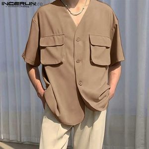 Мужские футболки 2024 Мужская рубашка Сплошной цвет с V-образным вырезом и длинным рукавом Уличная одежда с карманами Мужская одежда Свободные корейские модные повседневные рубашки S-5XL24328