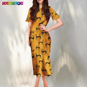 Casual Dresses Noisydesigns Women Short Ruffle Sleeves Sexy Bodycon Long Dress Cute Cartoon Greyhound Dog Prints Soft Elegant Party Outfit