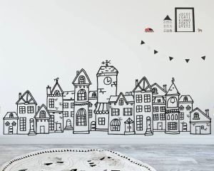 Adesivi Stile scandinavo Simpatico villaggio Adesivo Città disegnata a mano Decorazioni per bambini Nordic Nursery Adesivo da parete in vinile Vinilos Infantiles A838