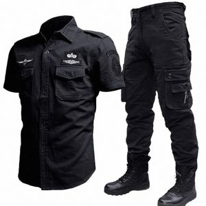 Stor storlek 6xl Bomber sätter män Militärlasttröjor+Multi-Pocket Combat Pants 2 Piece Set New Summer Army Flight Tactical Shirt W7Q4#