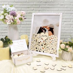 Albumy Ourwarm Wedding Guest Book dla gościa White Wooden Book Book Book z 71 drewniane serce na rocznicę Dekorację prezentu ślubnego