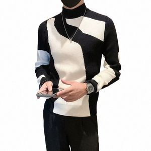 2023 Autumn/Winter Colored Half Turtleneck Sweater Men Lg Sleeve Slim Fit Casual Pullover Social Underlying Knitwear Tops C9Cd#