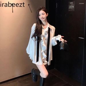 Women's Blouses Ladies Shirt Spring/Autumn Polo Collar Flounce Tie Loose Wood Ear Edge Irregular Sexy Temperament Satin Clothing