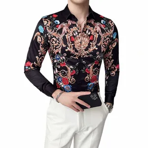 القميص الذهبي المطبوع 2022 Spring Brand Men Men LG Sleeved Shirt Men Social Club Club Prom Sirt Slim Men's Streetwear 402t#