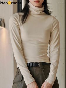 Kvinnors T-skjortor Hanorange 2024 Vinter Lazy Soft Brushed Turtleneck T-shirt Kvinnor Slim Long Sleeve Top Tees Female Black/Beige/Coffee