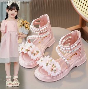 Sandals Roman Child Sandals for Girls 2023 Fashion Flower Shoes Childrens Beading Beach Shoes Girls Summer Sandals Princess Shoes Q240328