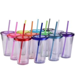 Canecas Acrílico Transparente Parede Dupla Tumblers Isolado Copo Plástico Bebida Fria Beber Caneca Reutilizável com StrawsMugs2628