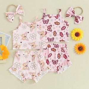 Set di abbigliamento 0-24M Pantaloncini estivi per neonate Senza maniche Stampa floreale a farfalla con volant Camicie con top Fascia per capelli Vestiti per bambini